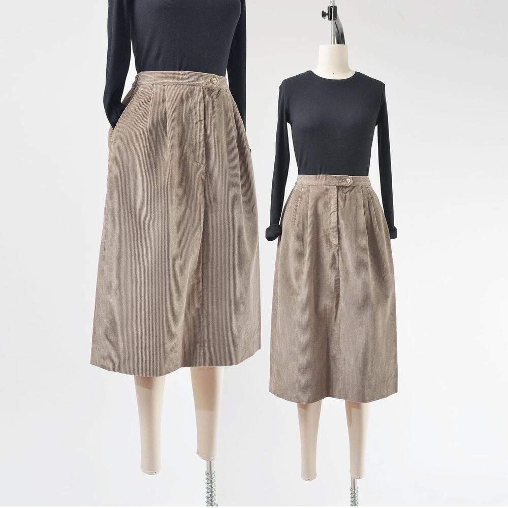 Vintage 80s Taupe Brown Corduroy Midi Skirt with Pockets size S M